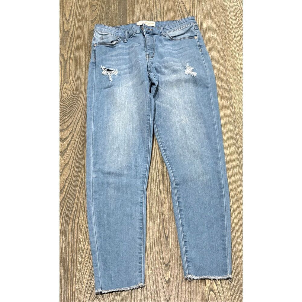 Cafe Denim Womens Distressed Skinny Jeans Raw Hem Stretch Light Wash Blue Size 7